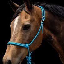 Teal handmade rope halter on a horse