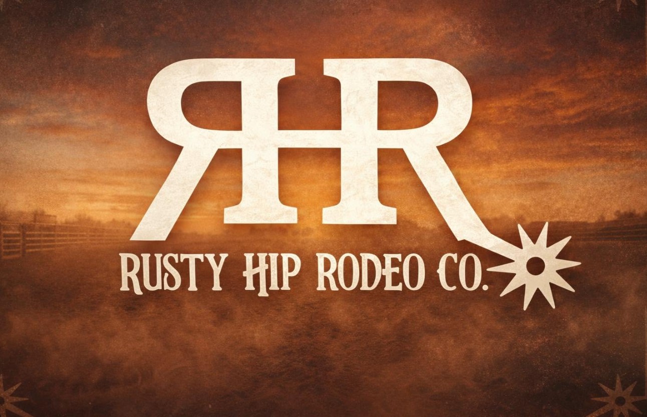 Rusty Hip Rodeo Co. logo on a West Texas sunset